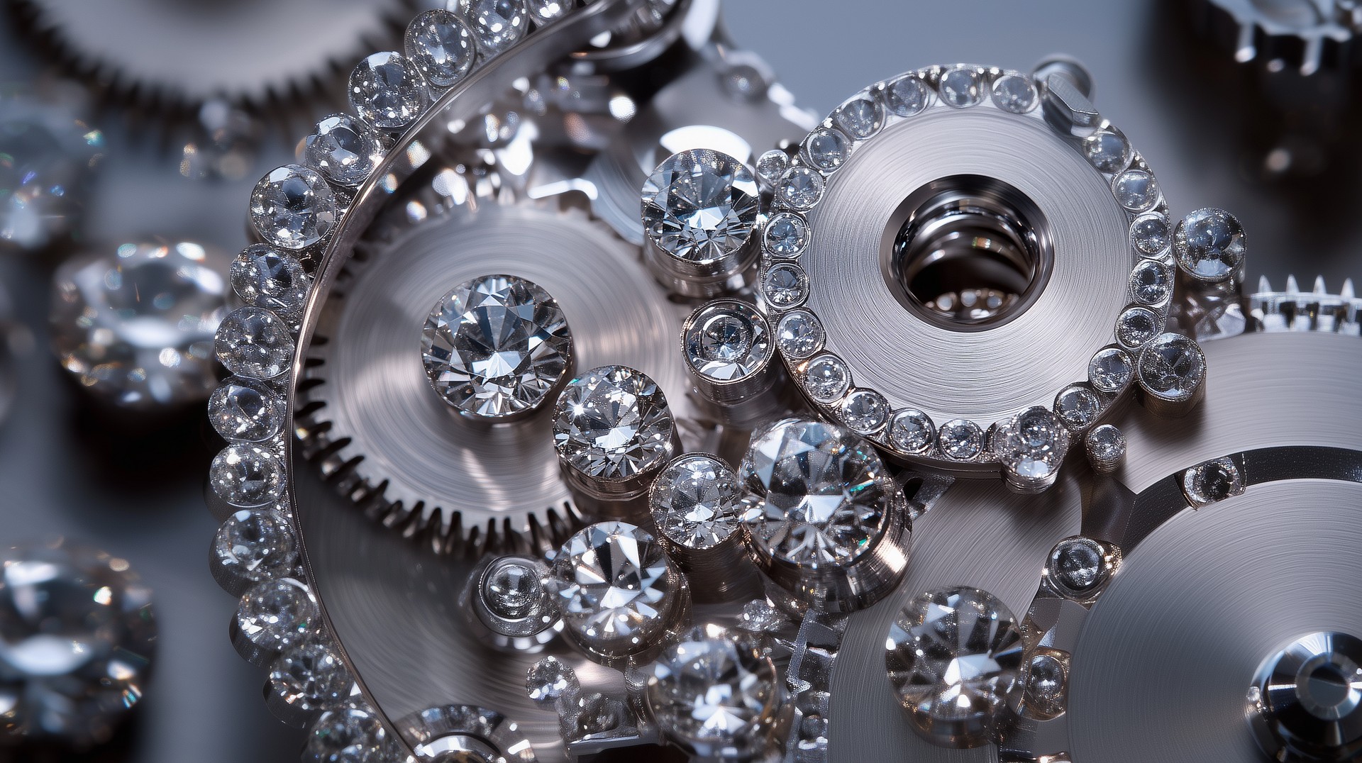 Silver machinery set with cut diamonds